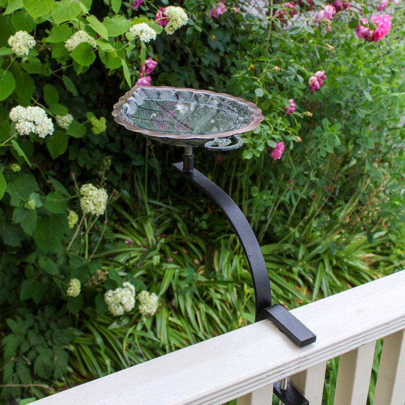 Antique Copper Aspen Leaf Rail-Mounted Birdbath