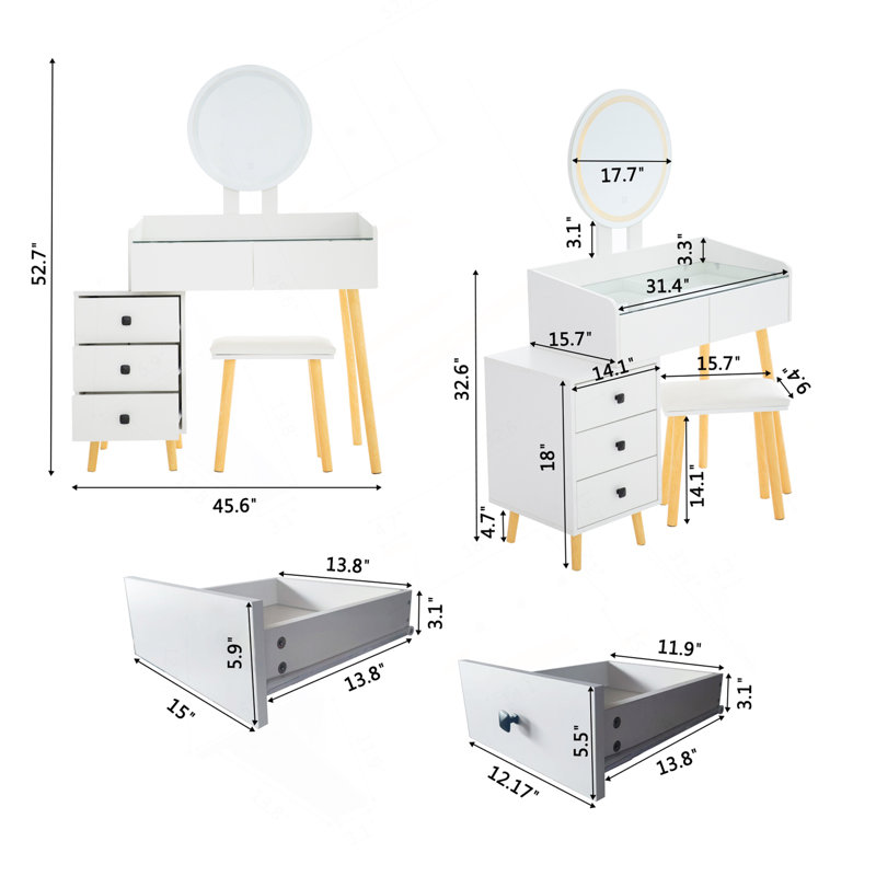 Dressing Table With LED Lights Glass Top Dressing Table With Extendable Side Table 5 Drawers Dressing Table With Mirror And Stool For Bedroom