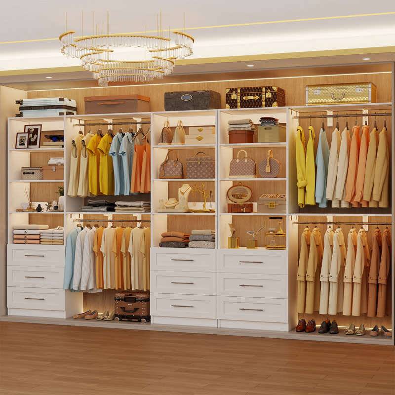 Système de rangement pour garde-robe 9 à 17 pi avec 9 tiroirs en bois, 9 tringles extensibles et tablettes réglables (coupées sur mesure), système d'organisation de placard de 203,22 po maximum, 3 ensembles