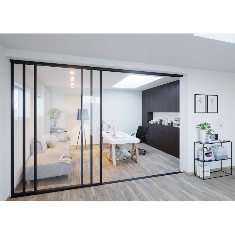 Cloison 3 panneaux coulissants en verre transparent - structure en aluminium avec technologie Silent Glide, 72 po x 96 po, 3