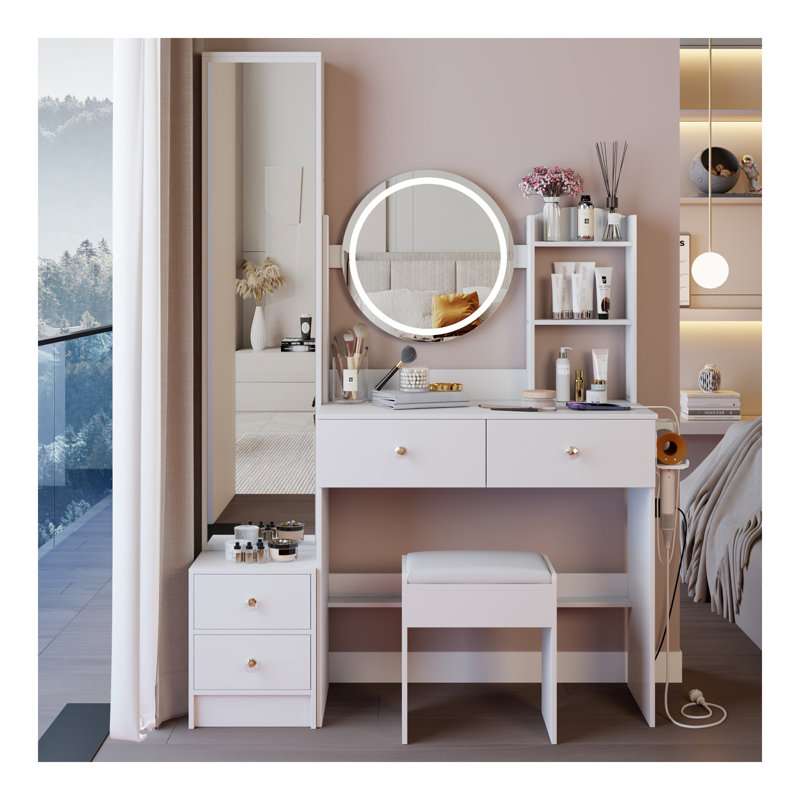 Armoire à miroir pleine grandeur + coiffeuse à miroir rond à DEL + tabouret rembourré, avec 2 centrales électriques + 2 centrales USB, miroir à DEL de 17 po de diamètre, commande tactile, 3 couleurs, luminosité réglable, grand bureau