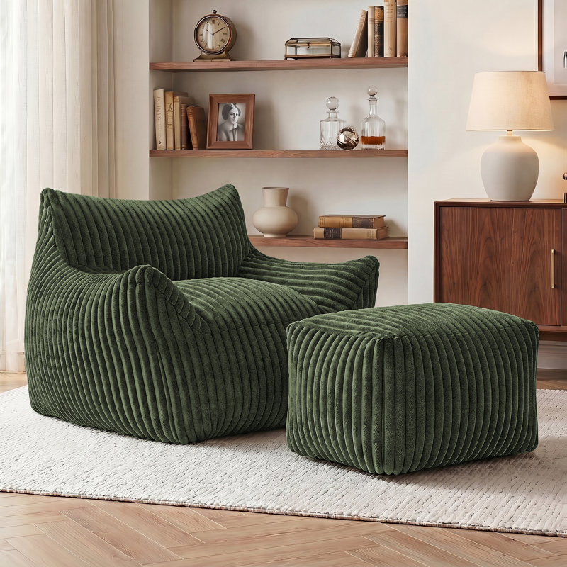 Large Corduroy Compression Bean Bag Chair with Ottoman Memory Foam Lazy Floor Sofa, Green Polyester Blend