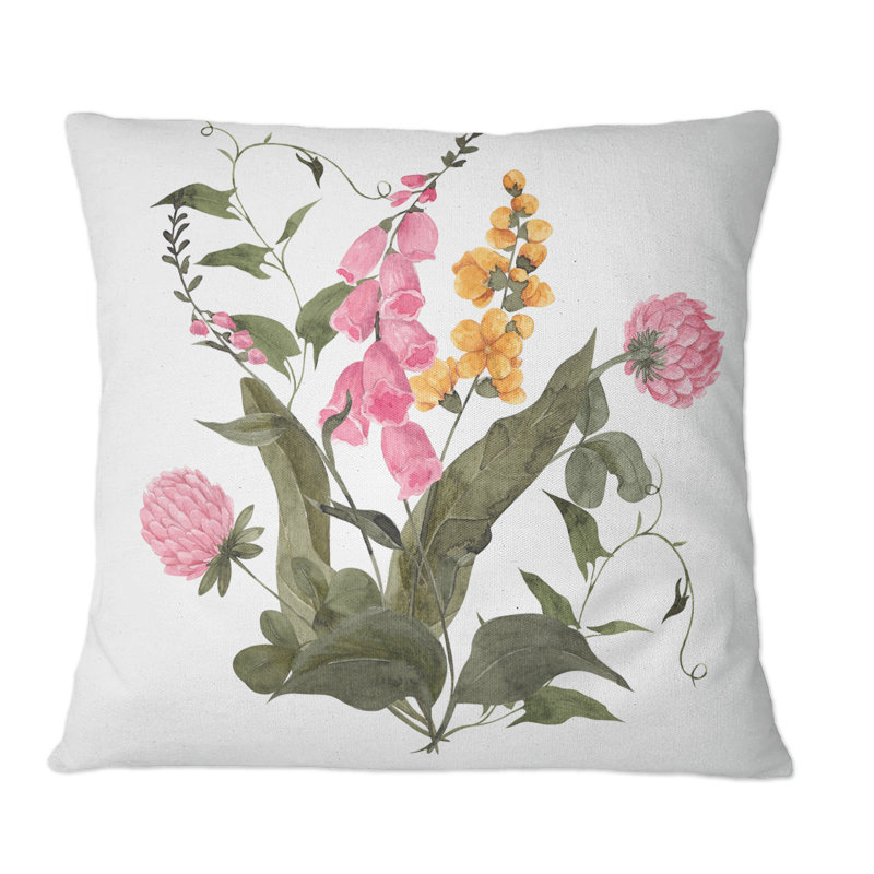 Bouquet rétro avec fleurs sauvages et herbes I - coussin décoratif traditionnel, 18 po x 18 po