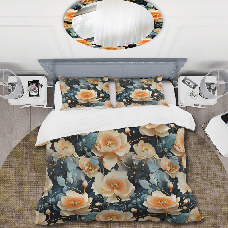 Ensemble de housse de couette floral Teal & Peach Floral Futuristic Elegance, Housse de couette pour très grand lit et 2 très