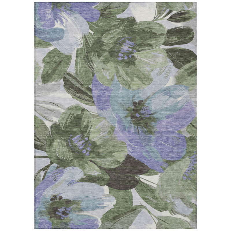 Olive and Blue Floral Synthetic Washable Area Rug