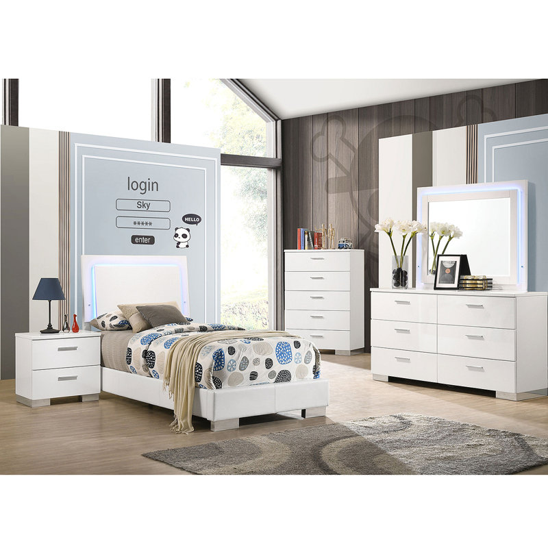 Ensemble de chambre à coucher simple 4 pièces Dulcey, Quatre pièces : lit, table de chevet, commode et, Simple