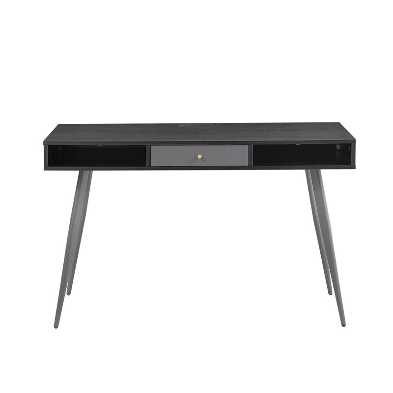 Bureau Mid-Century avec ports USB et prise de courant, bureau d'écriture moderne avec tiroirs, bureau d'ordinateur multifonctionnel noir