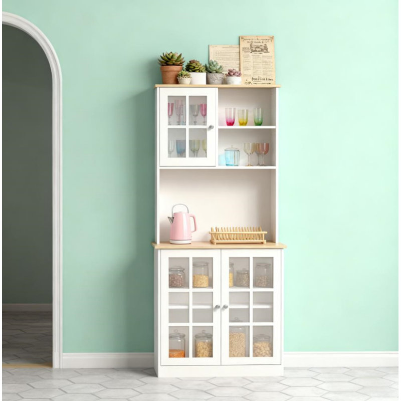 Grande armoire de cuisine de comptoir, armoire de rangement autoportante avec huche, portes en verre et tablettes réglables