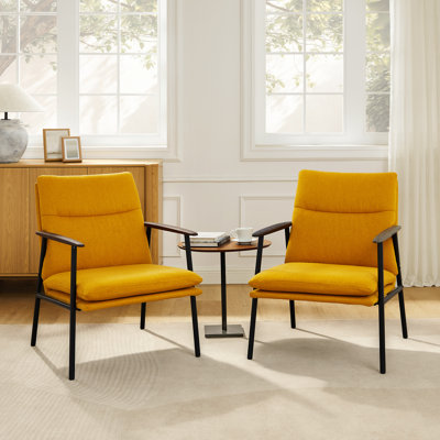 Fauteuil d'appoint rembourré en tissu avec structure en métal et accoudoirs en bois