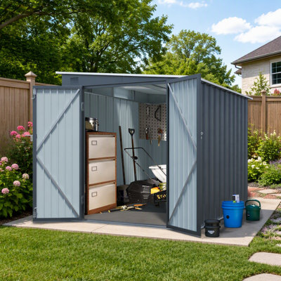 6x8FT Galvanized Steel Outdoor Storage Shed with Lockable Double Doors, Metal Lean to Shed for Tools and Bikes (Without Floors)