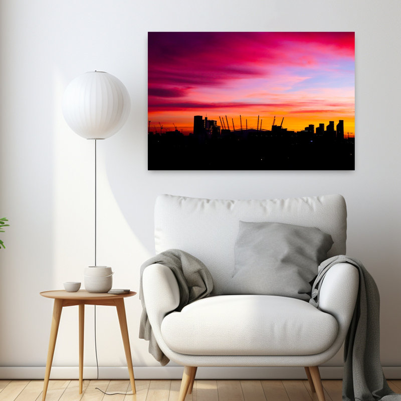 Art contemporain, architecture contemporaine, coucher de soleil, H 24 po x l 36 po