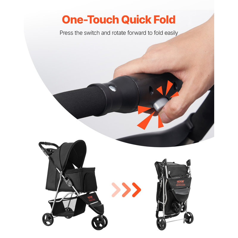 Poussette pour animal de compagnie, capacité de poids de 35 lb, chariot pliable pour poussette pour chien, poussette pour chat à 3 roues avec fenêtres en filet et porte-gobelets, poussette portative pour animal avec frein, pour petits et moyens animaux de compagnie