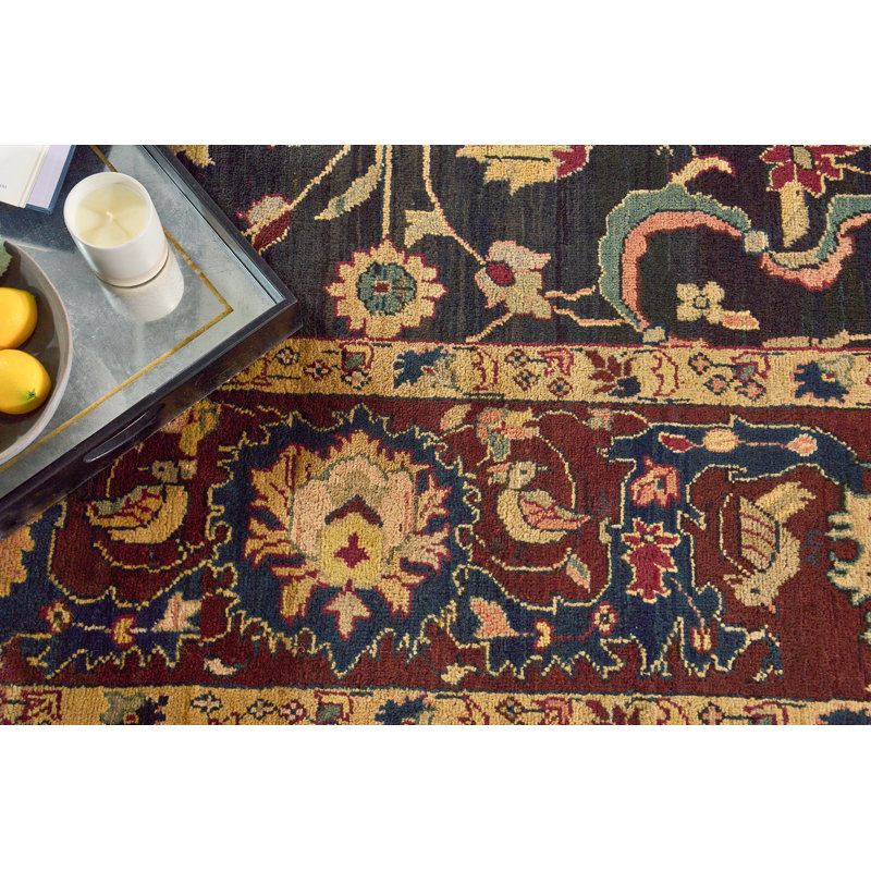 Handmade Black Floral Wool 10' x 14' Area Rug