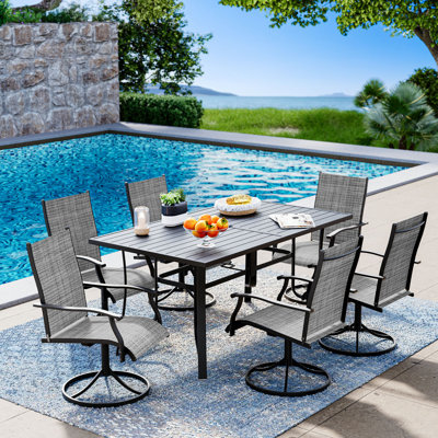 7 Piece Patio Dining Set, Outdoor Dining Table And Chairs Set For 6, 6 Swivel Chairs, 1 Iron Rectangular Table With Adjustable Umbrella Hole, Patio Furniture Set For Deck, Backyard, Lawn, Poolside, Brown/Gray/Blue