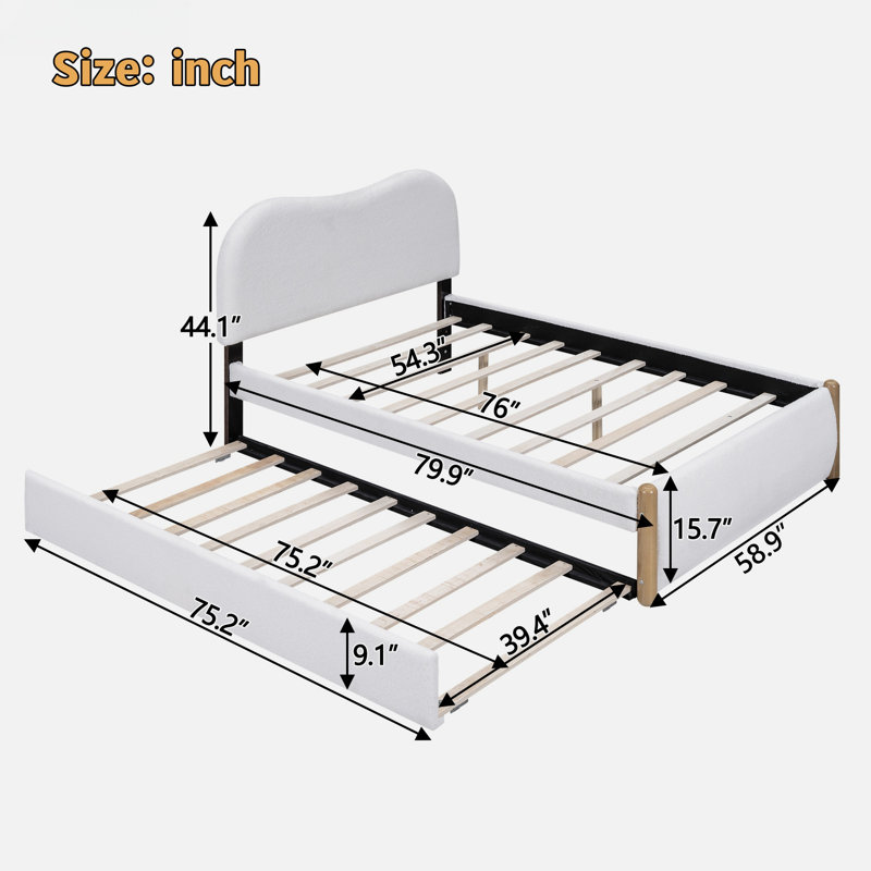 Berber Fleece Platform Bed With Curved Headboard And Twin Size Trundle, Full, White