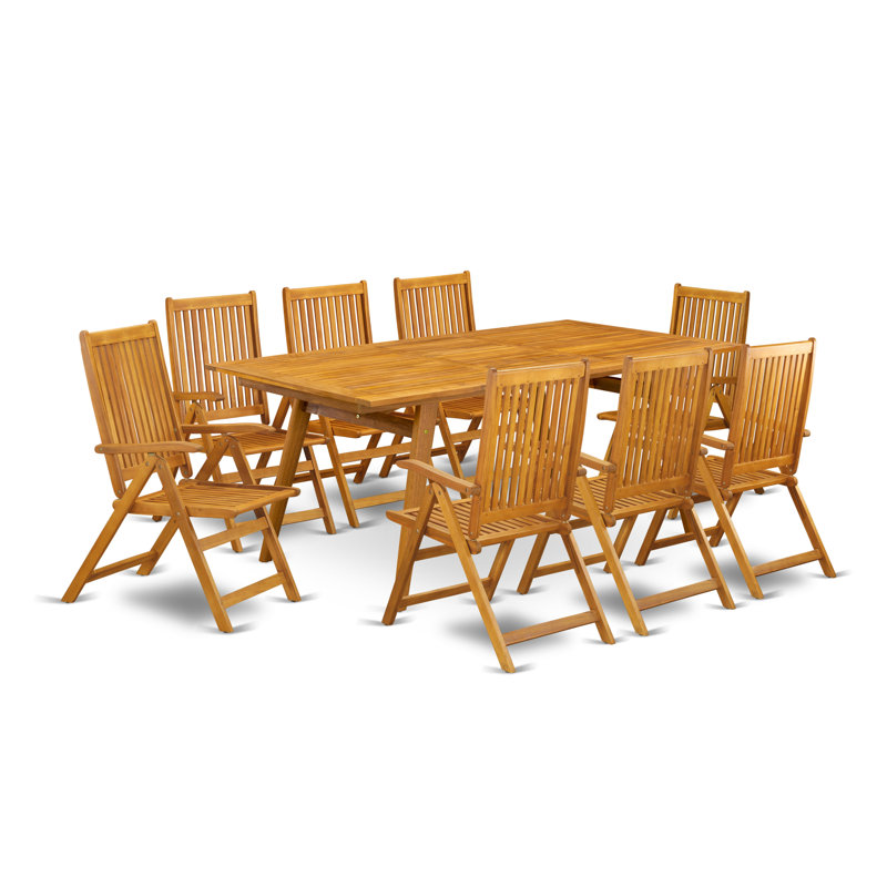 Les ensembles de salle à manger de patio 9 pièces pour l'extérieur comprennent une table rectangulaire en bois d'acacia et 8 fauteuils pliables réglables, 40 x 72 pouces, huile naturelle