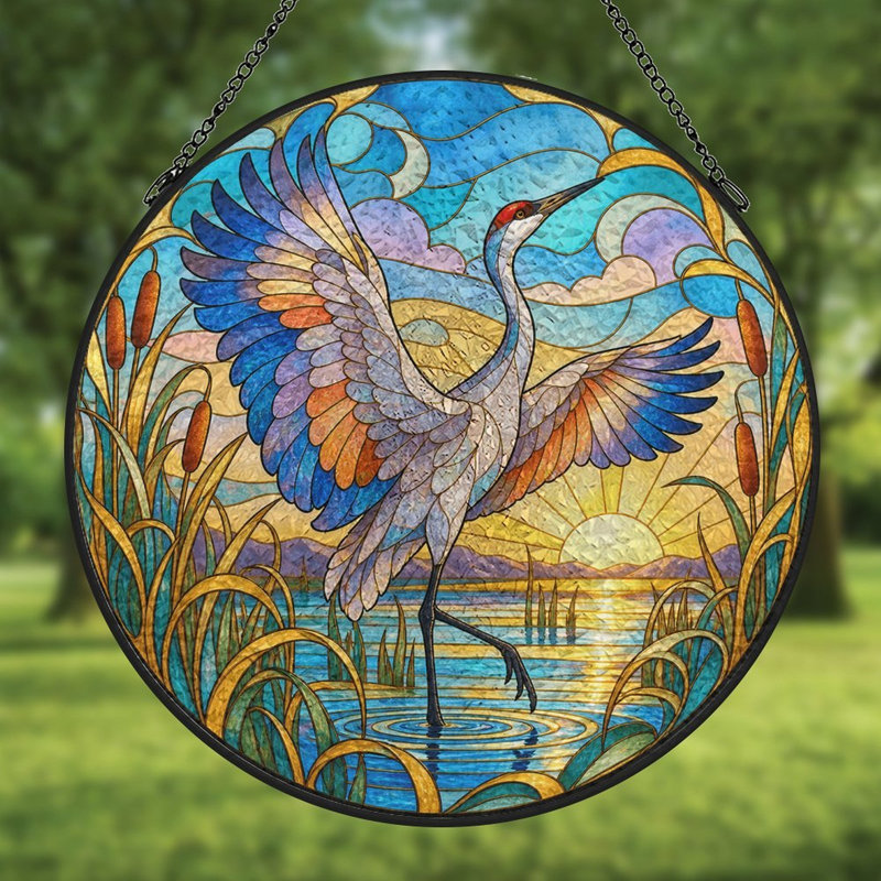 Grue en vitrail planant au-dessus d'un lac au coucher du soleil - Panneaux de vitraux attrape-soleil pour la décoration de fenêtre