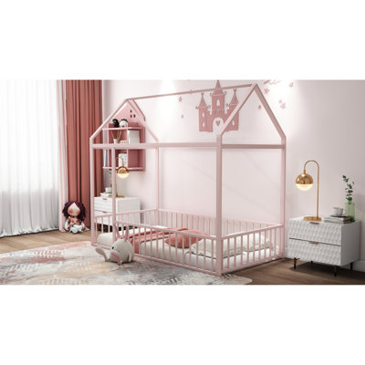 Structure de lit simple en métal avec clôture pour - Playhouse rose et ludique rose pour divertissement et repos
