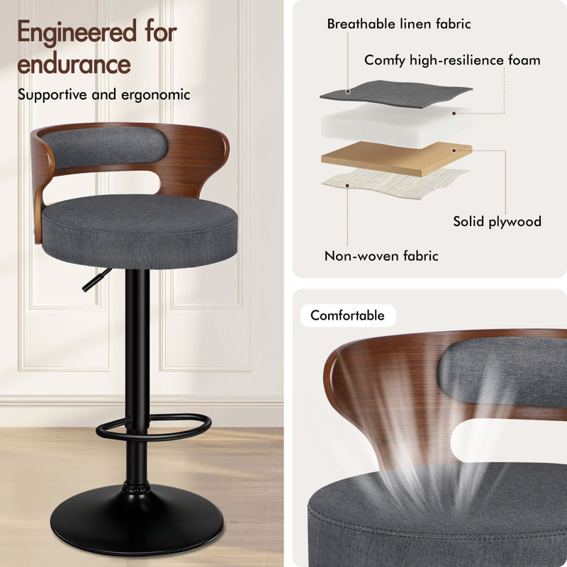 Upholstered Adjustable Height Counter Stool with Solid Wood Frame