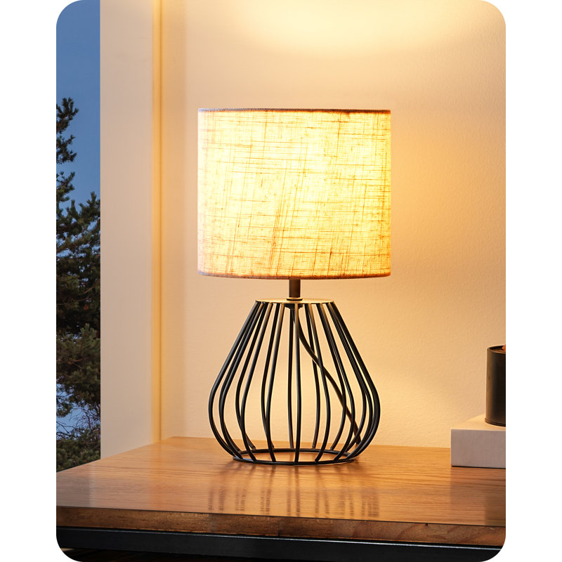 28.5cm Black Diamond Cage Metal Base Table Lamp With Linen Lampshade(Bulb Included)