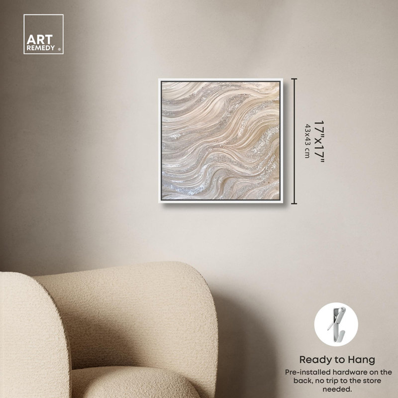 Silver Waves I Canvas Minimalist Abstract by Art Remedy, White Floater Framed, 17" H x 17" W x 1.8" D