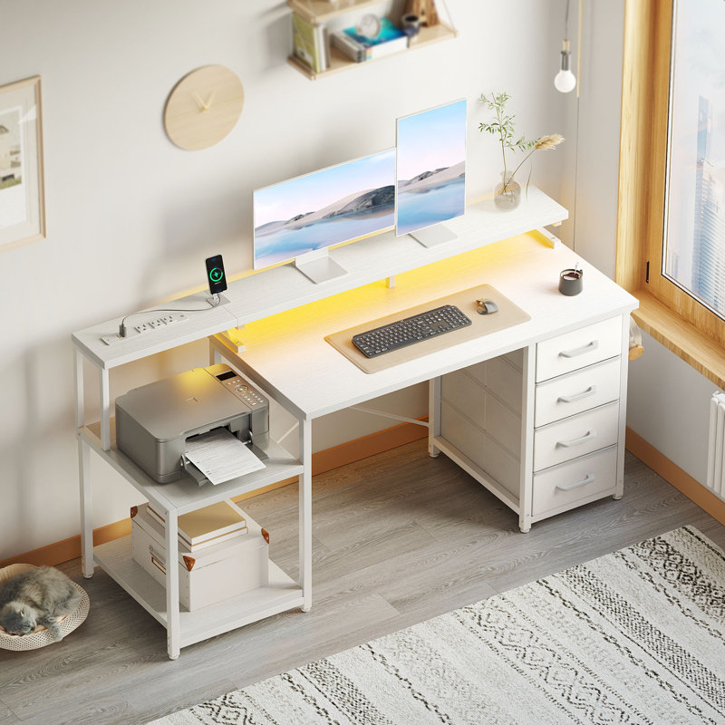 Writing Desk With Led & Power Outlet, Computer Desk With 4-tier Fabric Drawers, Reversible Corner Desks With Large Monitor Stand