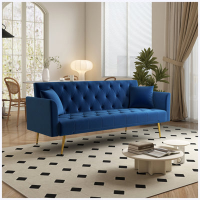 72 inch Modern Convertible Foldable Sleeper Sofa, Tufted American Retro Style, Blue Velvet Upholstery, for Small Living Rooms, Bedrooms & Offices