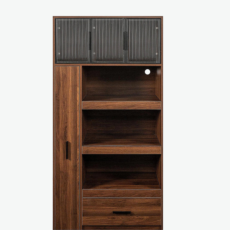 Armoire de cuisine de 70,87 po de hauteur avec tablette de rangement coulissante multifonctionnelle à plusieurs niveaux, 1 tiroir et porte en verre avec cadre en aluminium, armoire de rangement autoportante