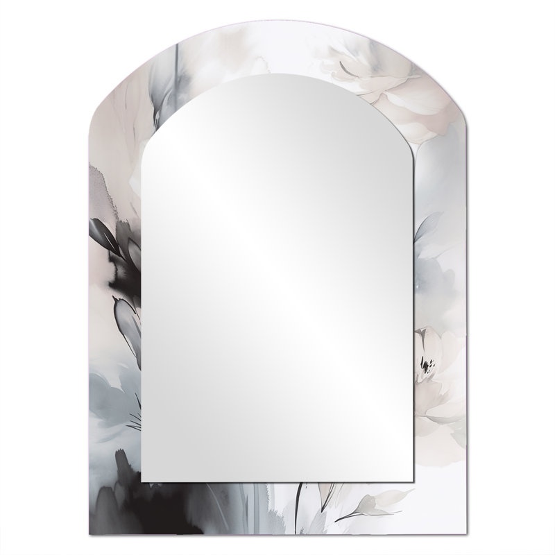 Delicate Grey Flowers V - Floral Arch Decorative Mirror, White Asymmetrical Wall Mirror, Printed Metal Art, 34'' x 25''