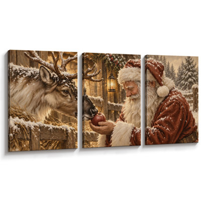 Christmas Holiday Celebration " Santa Claus Reindeer Christmas Artwork, Living Room Pictures, Framed Canvas Giclee Print 3 Pieces Wall Art - 16"x24"x3pcs, 24"x36"x3pcs " Print