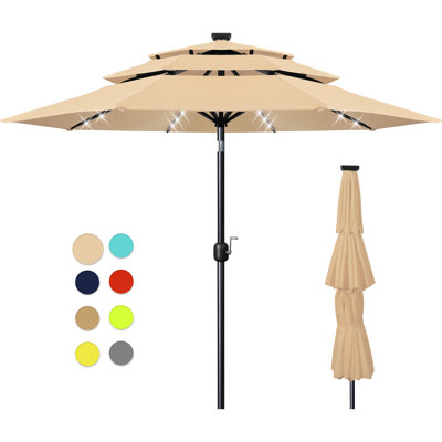 10Ft 3-Tier Solar Patio Umbrella，LED Lights Patio Umbrellas With 8 Sturdy Ribs,UV Protection For Garden Deck Backyard Pool