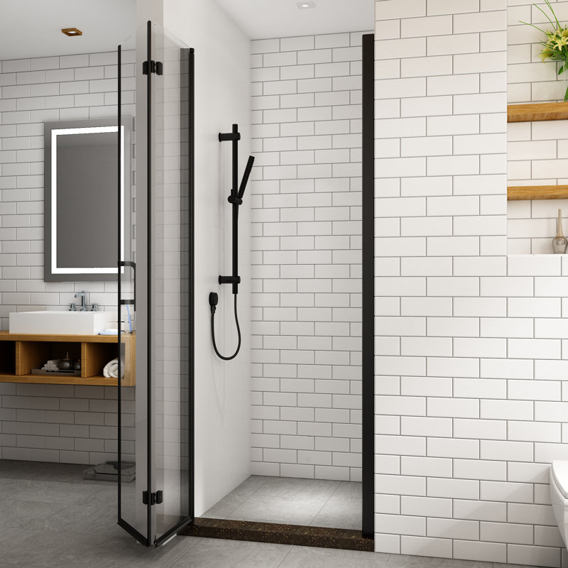 Bi-Fold Frameless Shower Doors In Black With Clear Glass, Black