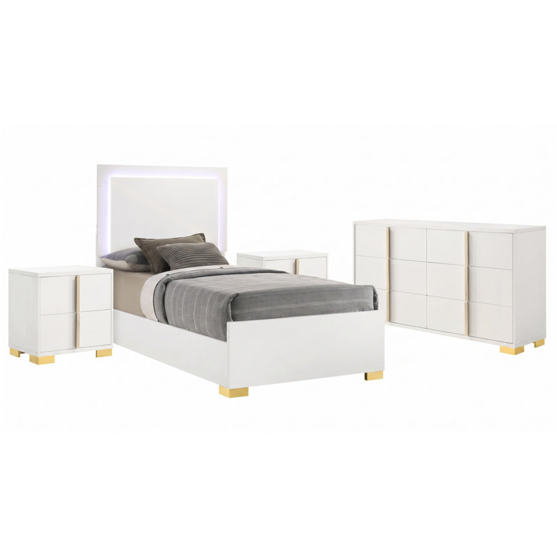 Ensemble de chambre à coucher 4 pièces Maxwell, White, 4 Pcs: Bed, Dresser, 2 Nightstands, Twin