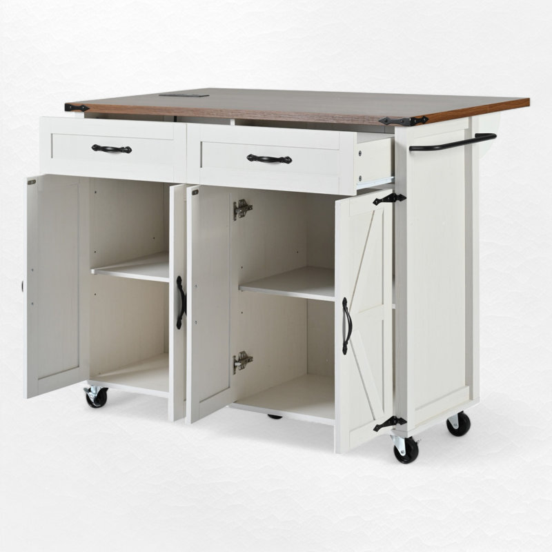 Farmhouse Kitchen Island with Power Outlet and Drop Leaf, White