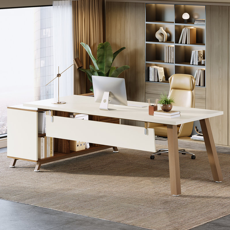 Bureau de direction en L 78,7 po, grand bureau d'ordinateur moderne avec cabinet de rangement pour bureau à domicile, Beige