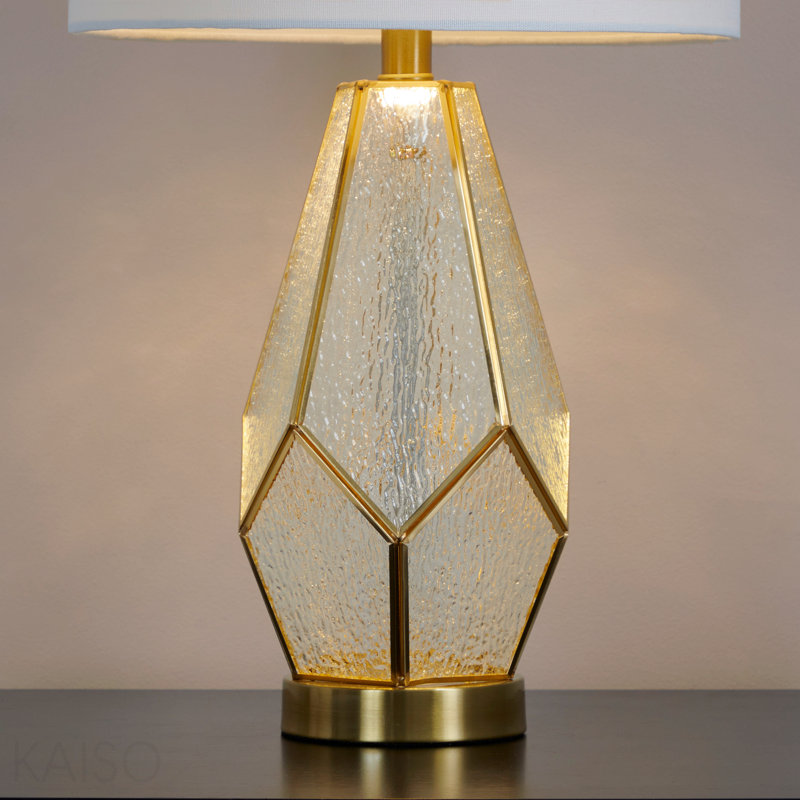 Lampe de table en verre 25 "en métal doré et verre blanc avec abat-jour en lin blanc - ensemble de 2, Doré / Blanc