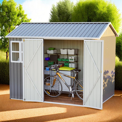 8' x 6' Large Steel Outdoor Storage Shed with Lockable Doors and Sloped Roof