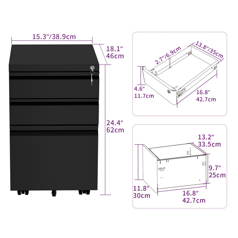 Carreiro 15.3'' Wide 3-Drawer Mobile Vertical File Cabinet with Lock for Home Office, Black