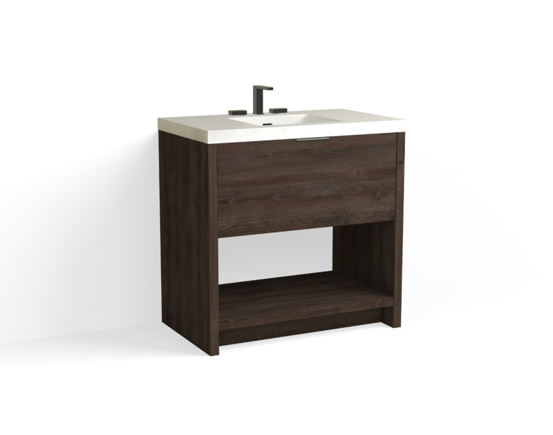 Vista 36" W Freestanding Single Bathroom Vanity, White Gloss, White Nanomatte/Satin Brass, 8" Widespread