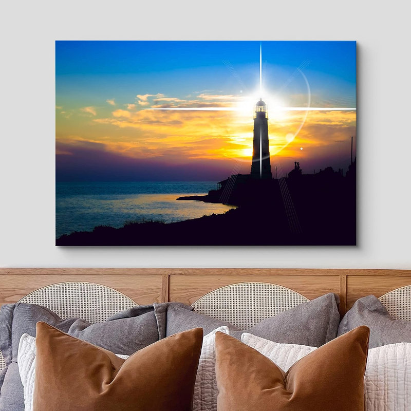 Coastal Beach, phare brillant au coucher du soleil sur la côte, vie marine - photographie sur toile tendue