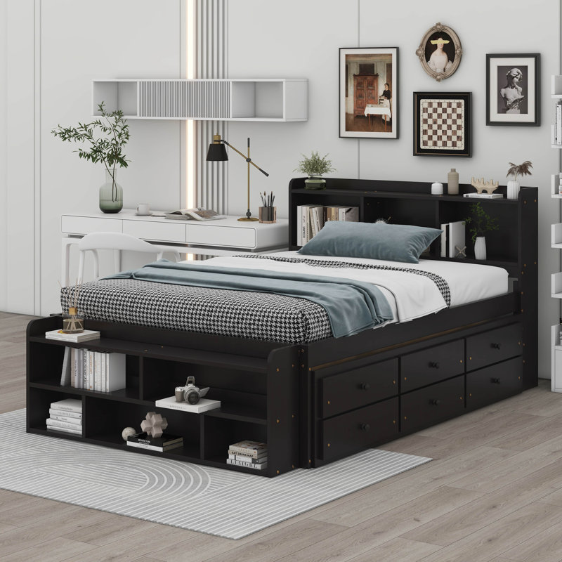 Lit double Dreson avec tête de lit bibliothèque, tiroirs et étui de rangement, Espresso