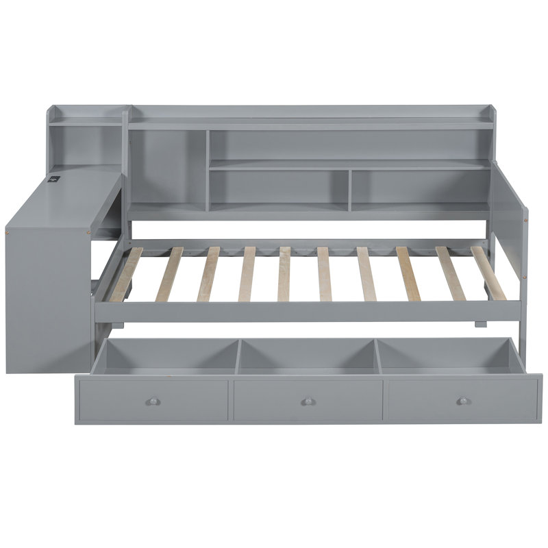 Lit de jour simple en bois gris avec bureau et rangement - Structure en bois de pin massif avec 3 grands tiroirs, Gris