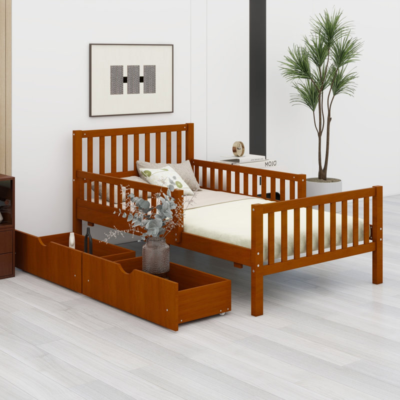 Lit plateforme en bois avec garde-corps des deux côtés et deux tiroirs de rangement, Lit simple