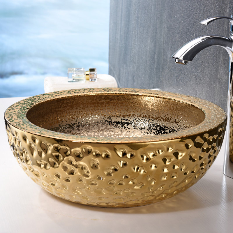 ANZZI Regalia 16.5'' Tempered Glass Circular Bathroom Sink, Speckled Gold