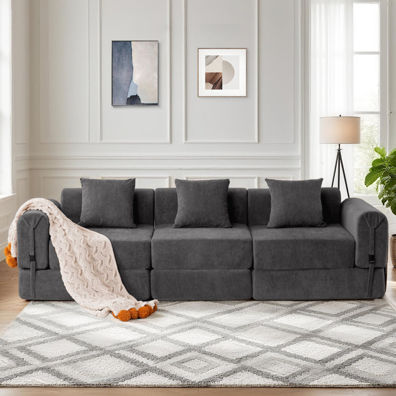 3-seater Boneless Convertible Folding Sofa Bed With Storage Pocket & Modular Design, Gray Polyester Blend