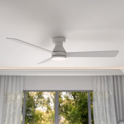 Aero 52in 3-Blade Smart Flush Mount Fan 2700K-6000K CCT Tunable Range LED Light Kit with Remote Control and Black Hardware with Reversible Blades Weathered Wood or Black Works With iOS or Android App