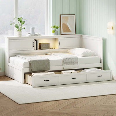 L-Shaped Bed Frame With Drawer And And Bookcase,Corner Bed Wooden Captain Bed With Led Downlight And USB Port For Small Room,Bedroom, Guest Room, Full Size