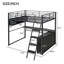 Lit mezzanine double en métal avec DEL, bureau et 4 tablettes de rangement