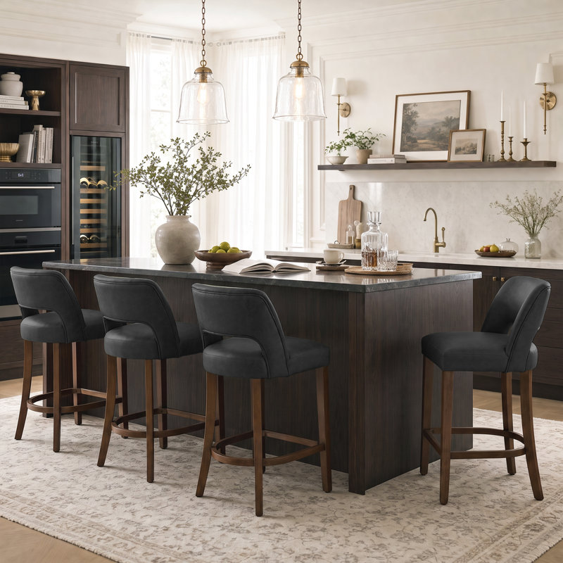 Tabouret de bar moderne en similicuir, hauteur du comptoir, pieds en bois massif, ensemble de 4, Noir, 4