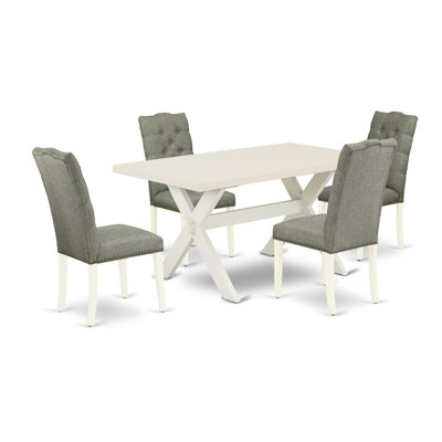 5 Piece Dining Set Includes a Rectangle Dining Room Table with X-Legs and 4 Gray Linen Fabric Upholstered Chairs, Multi-Color
